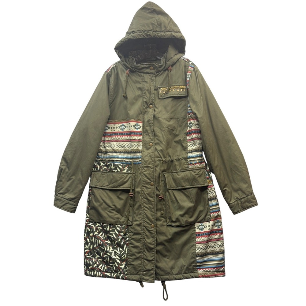 Ulla Popken Olive Patchwork Hooded Utility Coat Boho Anorak‎ Jacket Artsy 12/14